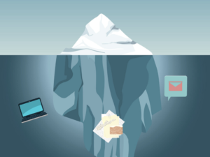Dessin illustrant un iceberg dans l'eau un ordinateur, du papier et des mails flottent représentant la partie cachée de nos déchets